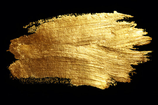 Shiny gold foil on black background. Gold watercolor texture paint stain abstract illustration. Art of painting on walls. Shining brush stroke amazing design project. Golden foil from paint against