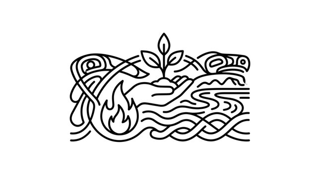 Line art illustration featuring a hand holding a small plant with fire and water elements.