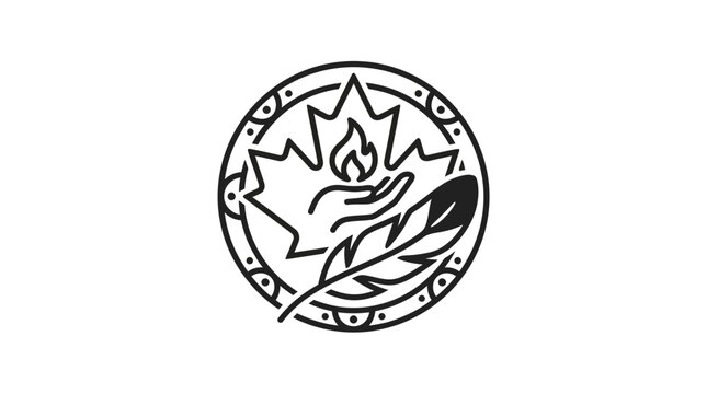 A circular emblem featuring a maple leaf holding a flame and an eagle feather.