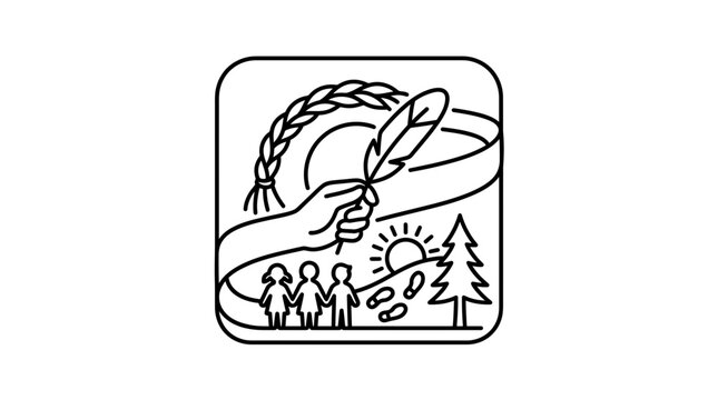 Line art illustration depicting indigenous culture symbols including a braid feather hand and family.