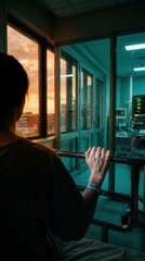 Naklejka premium Patient Gazing Out Hospital Window At Sunset Hope And Resilience In Healthcare