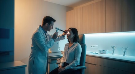 Fototapeta premium Optometrist Examining Patient's Eye With Ophthalmoscope In Modern Clinic