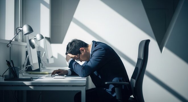 Overwhelmed Businessman Bowed Head Desk Computer Light Shadows Extreme Workload