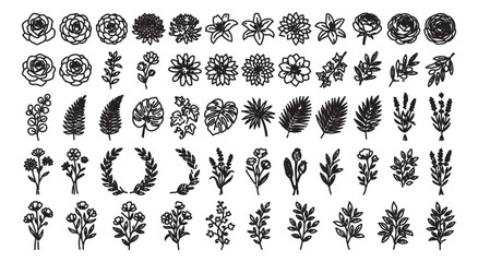 Fototapeta premium Hand drawn botanical line art collection, set of 60 floral icons and tropical leaf sketches, black ink garden flower illustrations for wedding branding