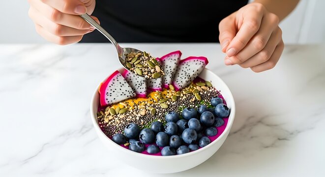 Colorful Smoothie Bowl with Dragon Fruit Blueberries and Seeds