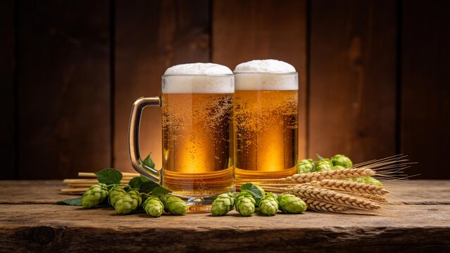 Two mugs of beer with hops and wheat
