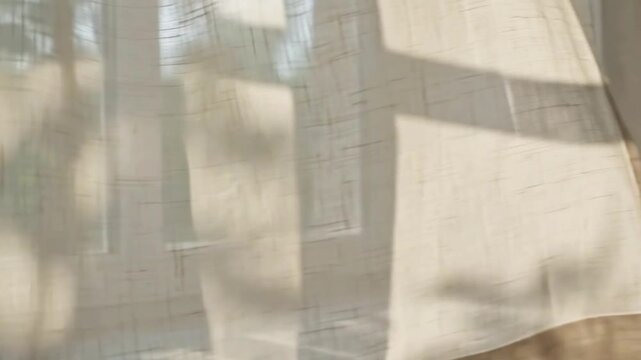 Soft summer sunlight through white linen curtains, gentle breeze in a minimalist room, cinematic mood