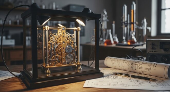 Intricate Golden Clockwork Mechanism Displayed Under Lights in a Vintage Laboratory Setting With Blueprints
