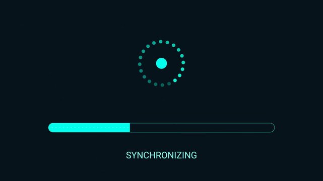Turquoise synchronizing progress bar and circular loading indicator on dark background