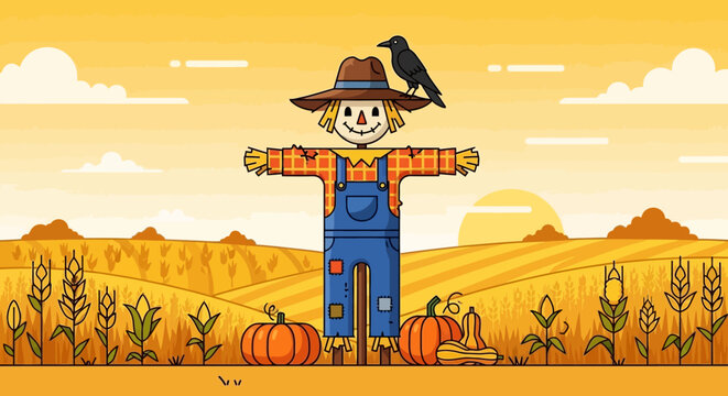 Autumn Farm Scene with Scarecrow and Crow