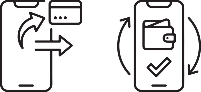 Art & Illustration, Smartphone banking icons illustrating an outgoing monetary remittance with transaction directional arrows next to a mobile secure checkmark loop.
