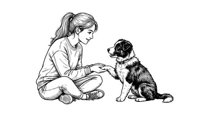 Young Woman Training Her Cute Puppy Dog to Handshake Line Art Illustration © Shahanaj