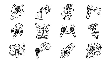 Obraz premium Hand-drawn Microphone Icon Set: Singing, Performance, Music, Comedy & Speech Concepts