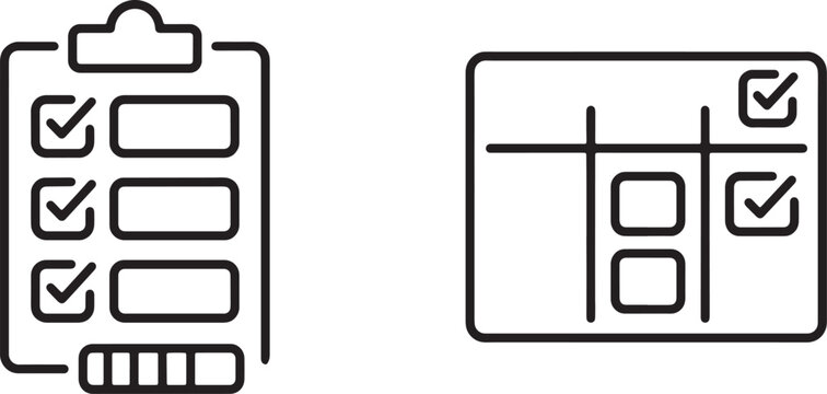 Art & Illustration, Minimalist outline icons showing a task strategy clipboard containing custom checkmarks beside a partitioned corporate spreadsheet dashboard.