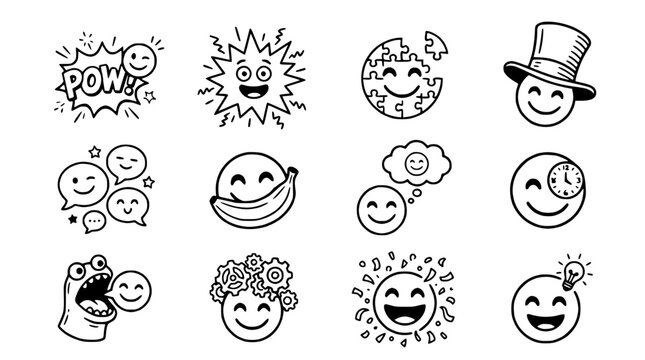Collection of Hand-Drawn Smiley Faces with Unique Expressions and Concepts