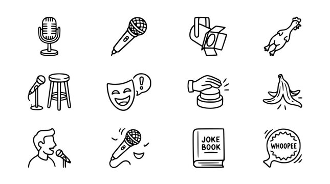 Comedy Show Icons: Microphone, Spotlight, Banana Peel, Joke Book, Audience Reaction