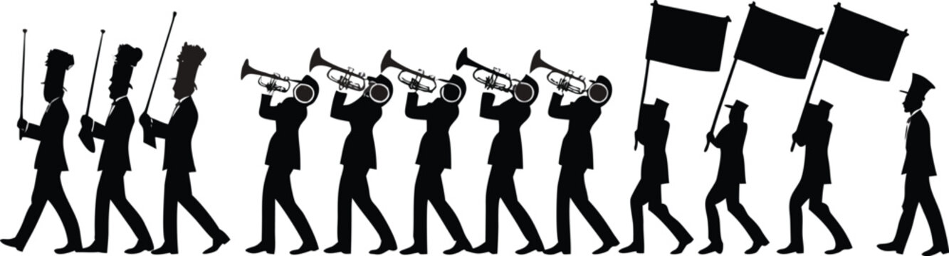 Black silhouette marching band, protest parade, vector icons, demonstration march, musical instruments