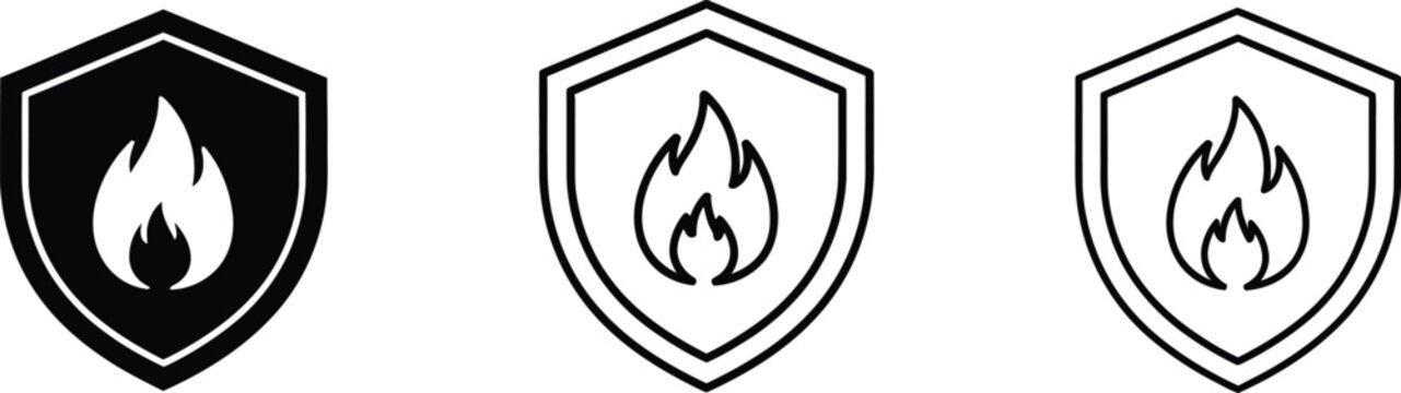 Fire shield icon set solid outline and line art variations