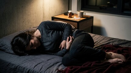 Fototapeta premium Person Suffering From Abdominal Pain Lying In Bed