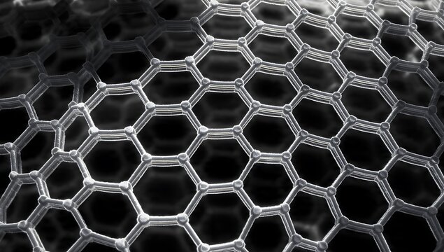 Abstract 3D render of a curved dark graphene lattice structure over a black background. Perfect concept for nanotechnology, advanced carbon materials, molecular science, and physics.