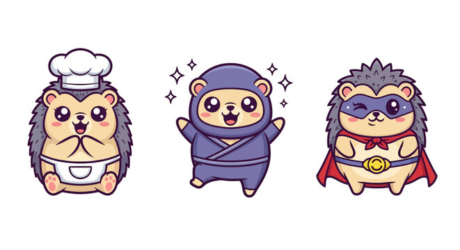 Cute Hedgehogs in Fun Costumes Illustration.