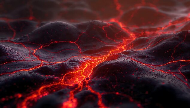 Abstract 3D render of a dark volcanic rocky terrain with glowing red lava cracks and veins across a textured surface. Conceptual background for geological energy, heat, and magma flow.