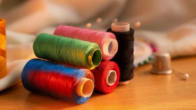 A cozy sewing room with colorful spools of thread metal thimble and soft fabric for crafting and creativity
