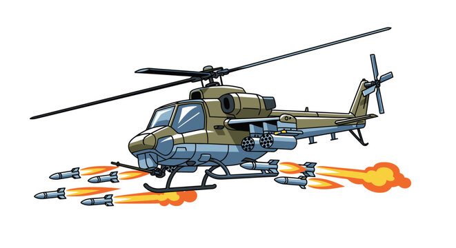 Military attack helicopter firing rockets in flight.