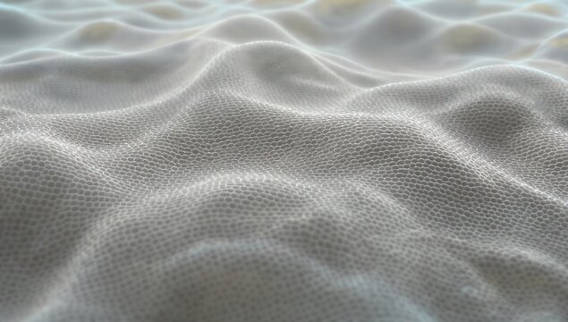 Abstract 3D illustration of a wavy, textured white mesh surface resembling clean fabric weave or microscopic skin cell structure. Minimalist beige organic landscape for science and design.