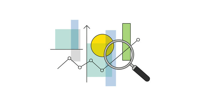 Magnifying glass analyzing financial chart and data.
