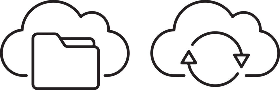Art & Illustration, Modern network infrastructure symbols presenting an empty cloud folder repository beside a dynamic cloud symbol handling real-time data sync processes.