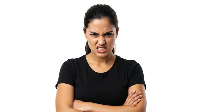 明るいスタジオ照明の下で白い背景に立つ若い女性が顔をしかめ眉間にしわを寄せ激しい怒りを表現するポートレート. AI Generated