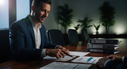 Obraz premium Professional Business Meeting Discussion Over Contracts Documents