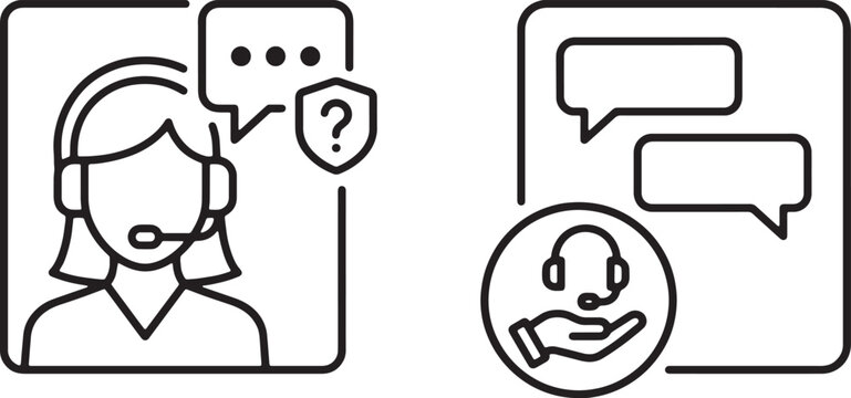 Art & Illustration, Telemarketing assistance line icons portraying a female call center operator wearing a headset alongside messaging text bubbles representing user feedback channels.