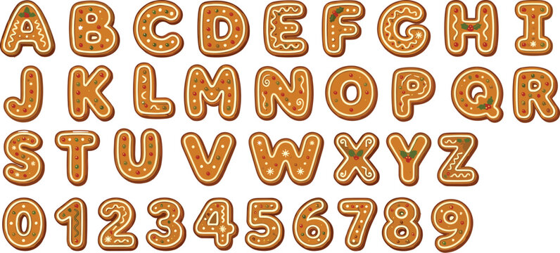 Gingerbread cookie alphabet and numbers set with festive icing decorations Christmas bakery typography collection illustration