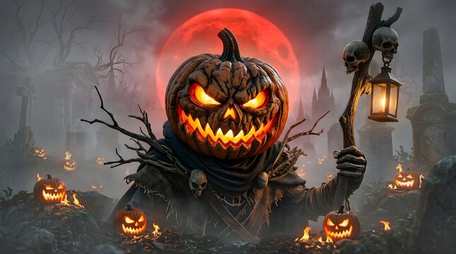 Spooky Halloween Jack-O-Lantern Creature in a Haunted Graveyard under a Blood Red Full Moon