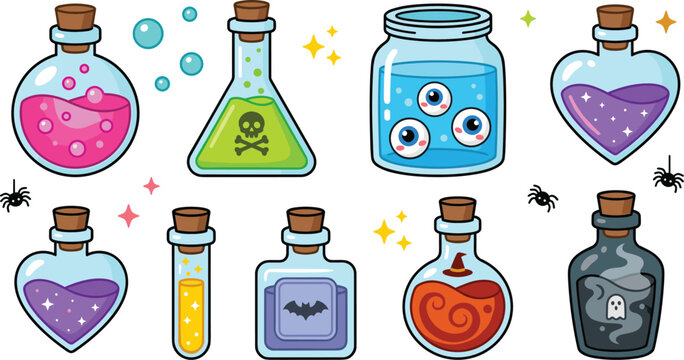 Halloween magic potion bottle collection with spooky elixirs poison eyeballs ghosts and witchcraft cartoon illustrations