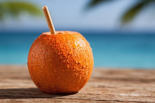 Orange juice served in a fresh fruit citrus drink on a rustic tropical beach table