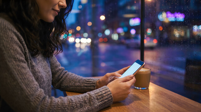 Woman using mobile phone in a cafe at night with connection, internet