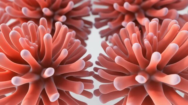 Vibrant 3D illustration of red virus particles, medical background, scientific texture, close-up view, white background