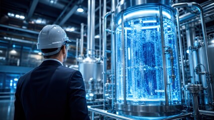 Fototapeta premium Engineer Inspecting Clean Energy Hydrogen Reactor in Modern Industrial Facility