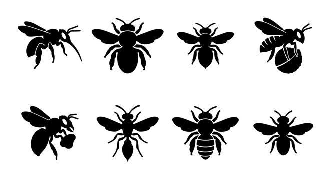 Bee silhouette icons set, white background, vector Illustration