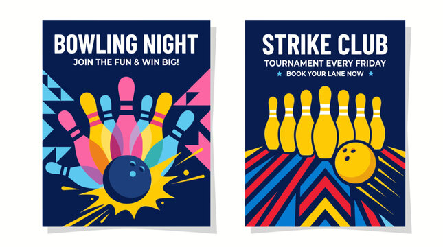 Two vibrant bowling event posters featuring colorful pins and bowling balls.