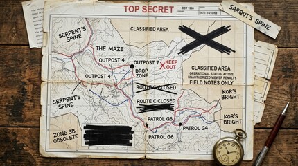 Fototapeta premium Top Secret Vintage Tactical Map With Redactions On Wooden Table