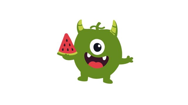 Watermelon monster cartoon character waving hand on a white background