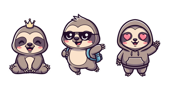 Cute Sloth Characters in Different Outfits and Poses.
