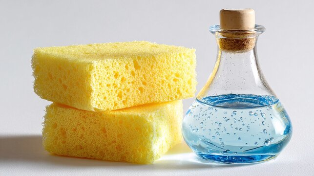 Close-up of cleaning sponges and a glass bottle with blue liquid on white background