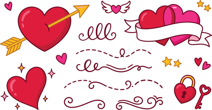 Valentine hearts collection with cupid arrow ribbon banners love symbols decorative swirls and romantic design elements