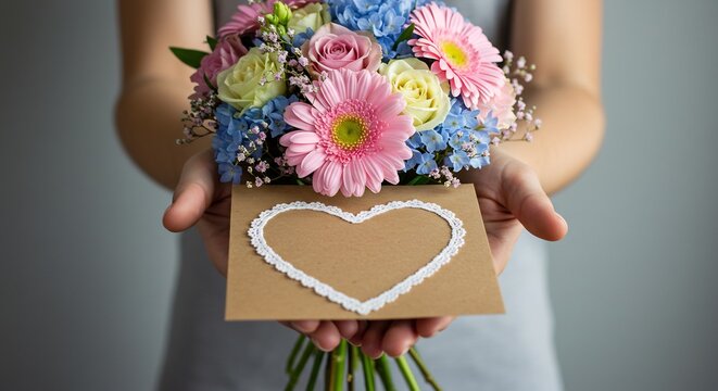 両手で優しく差し出す美しく咲き誇る色鮮やかなフレッシュ花束と心を込めて丁寧に手書きされたハート型メッセージカード 大切な人へ贈る感謝と温かい愛情が心に深く残る感動的な特別な瞬間. AI Generated