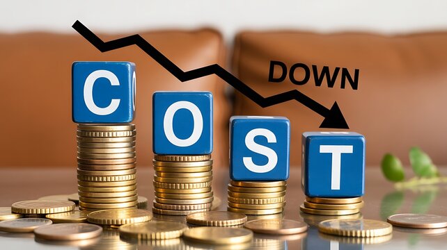 Business costs decrease with falling graph on stacked coins and blue letter tiles